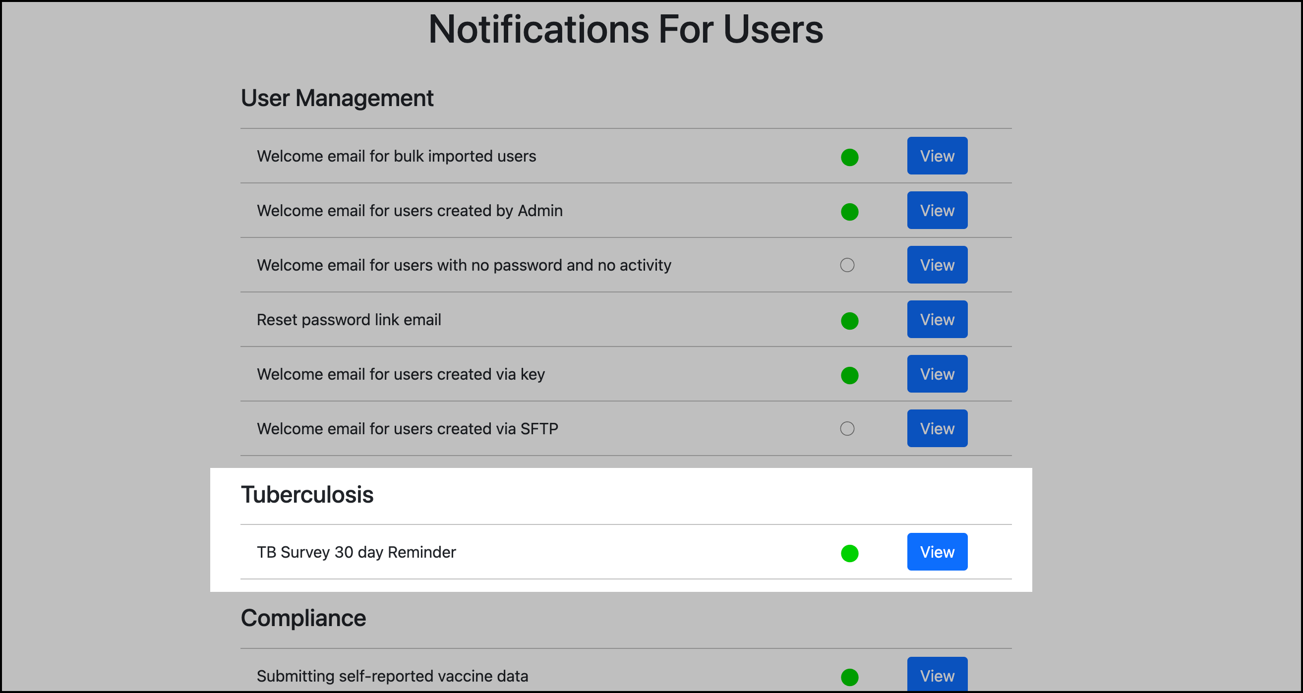 Screenshot of the TB 30 day notification in the Notifications page.