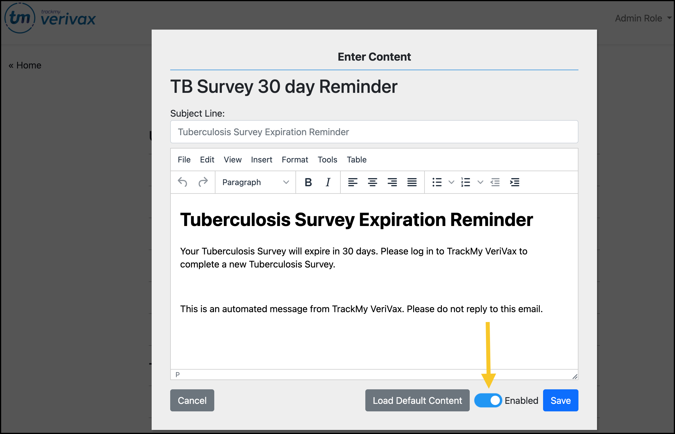 Screenshot of the TB 30 day notification management.
