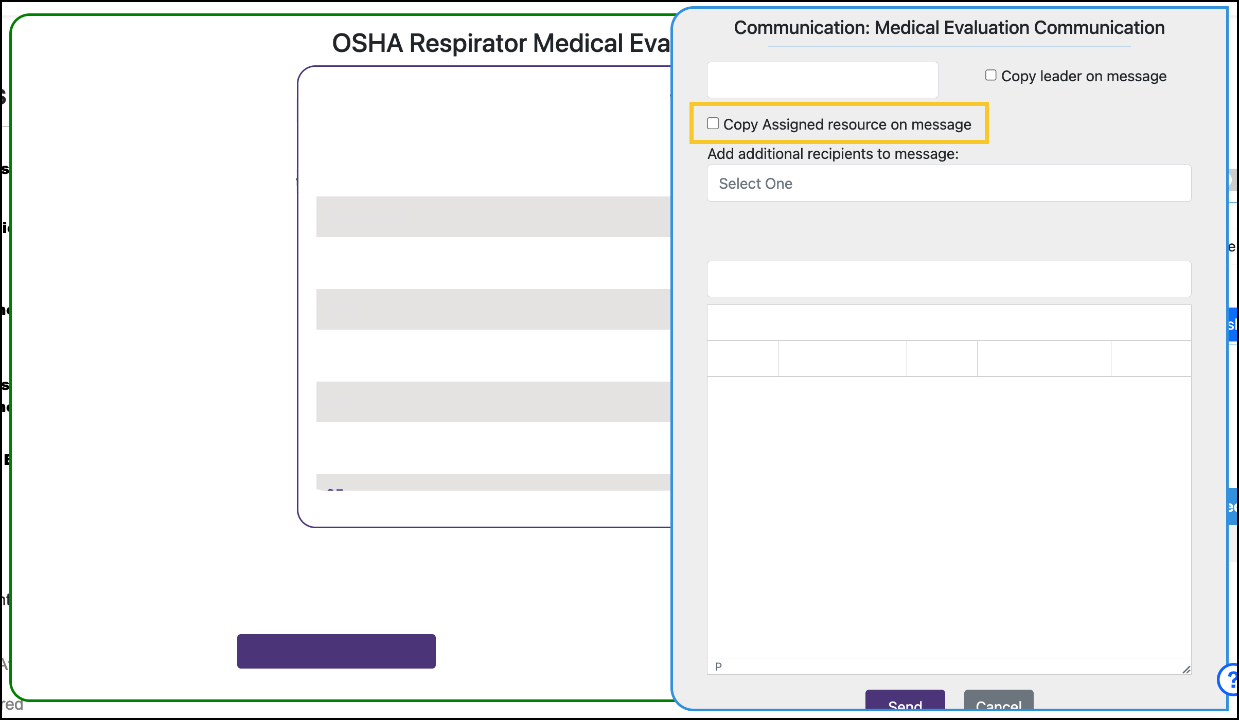 Screenshot of the Medical Evaluation communication builder, where the checkbox to Copy Assigned Resource is highlighted.