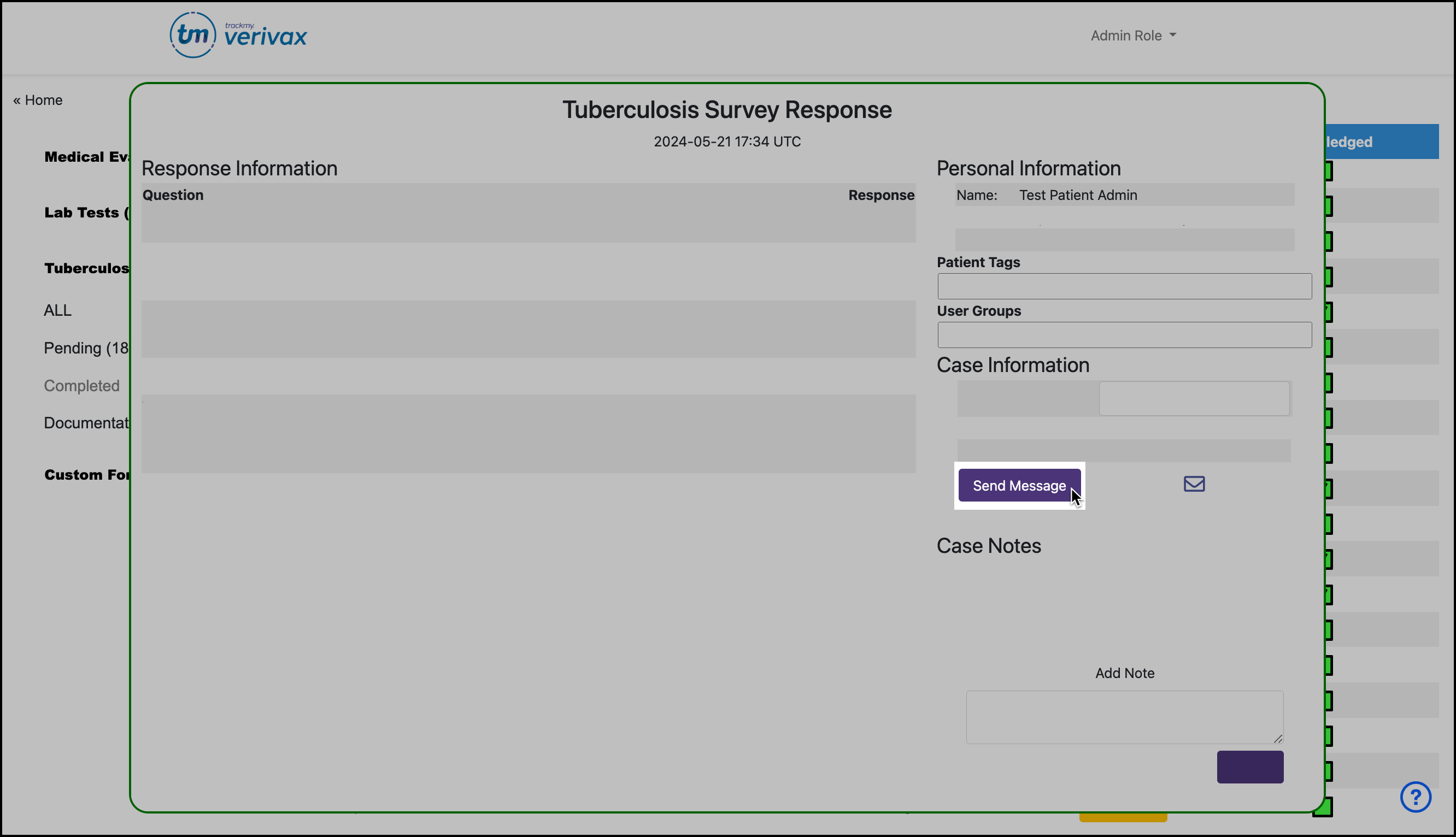 Screenshot of the Send Communication button in the Tuberculosis Survey case view.