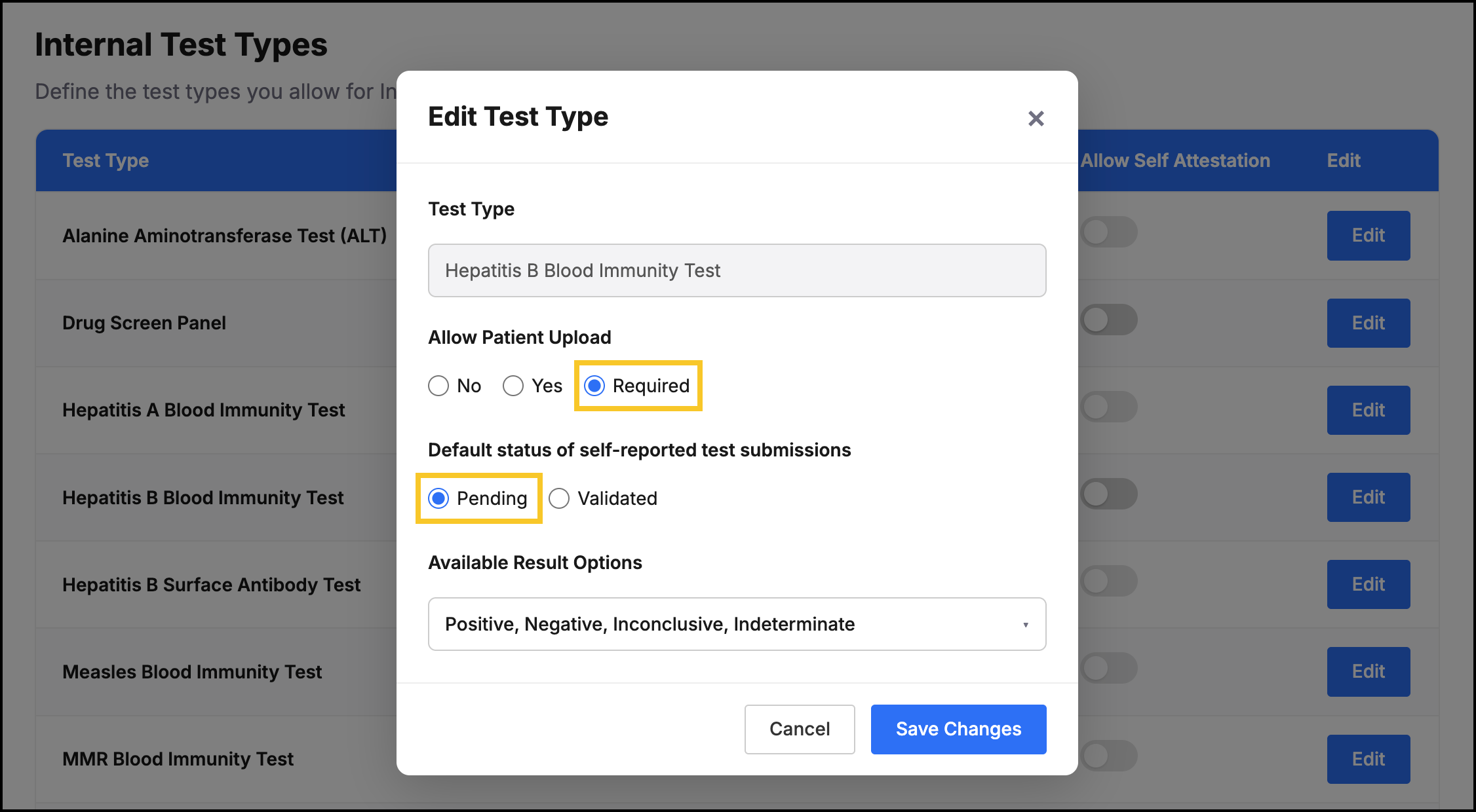 Screenshot example of best practice Patient Upload and Default Status settings for a test that participants will self report.