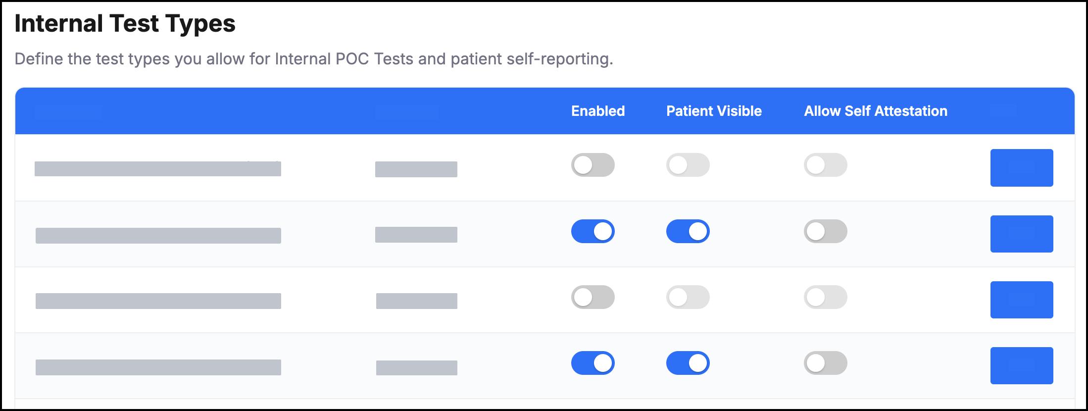 The Enabled, Patient Visible, and Allow Self Attestation toggles display on the Internal Test Types list and can be toggled without clicking into the Edit test modal.